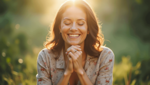 Mulher feliz meditando em gratidão