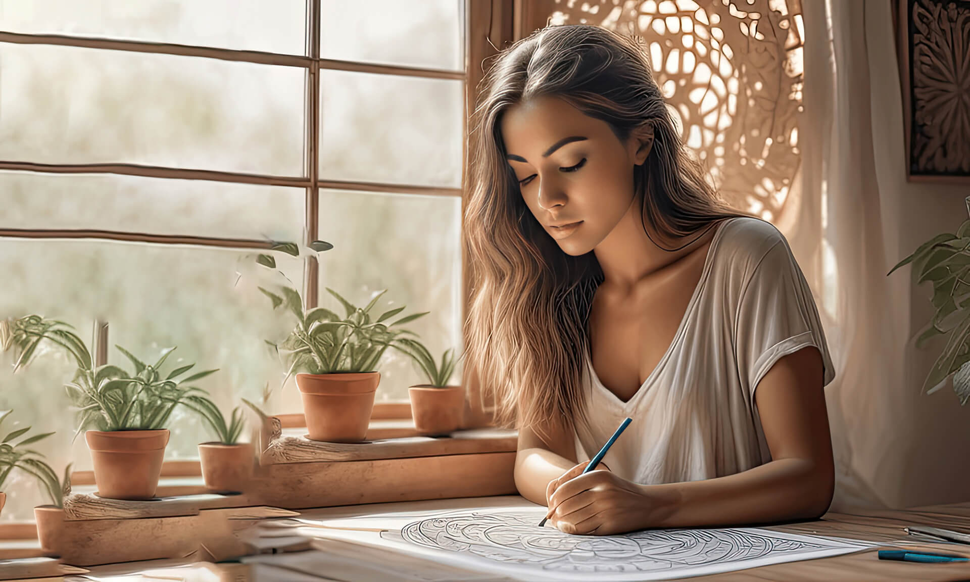 Mulher desenhando uma mandala em sua mesa proximo da janela,